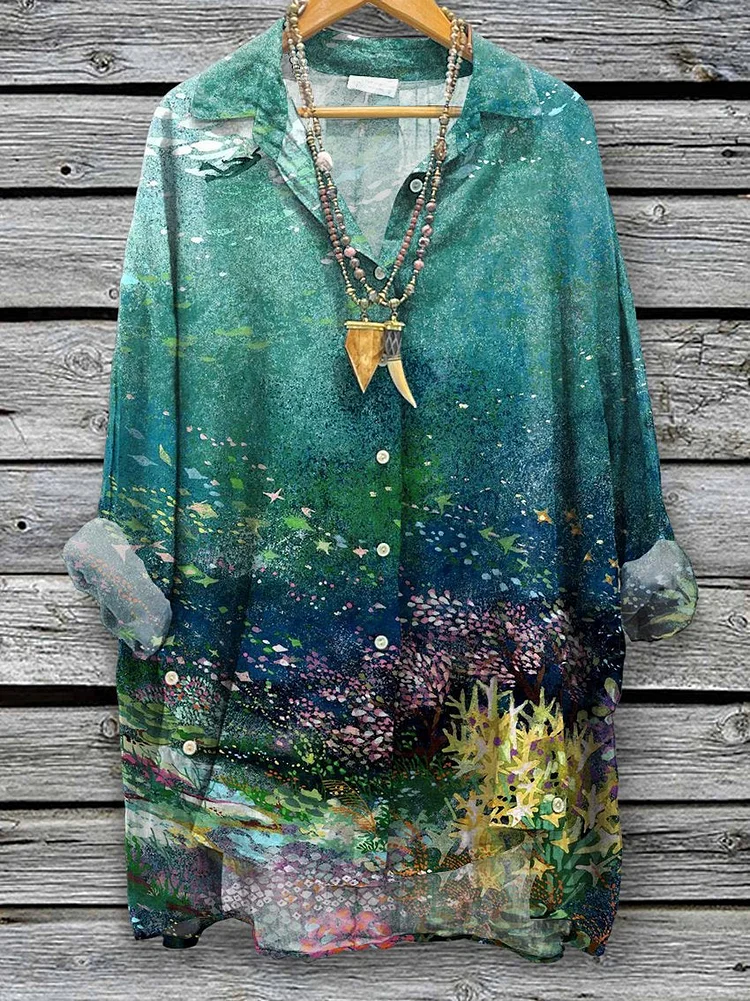Women's Ocean Art Print Casual Cotton And Linen Shirt