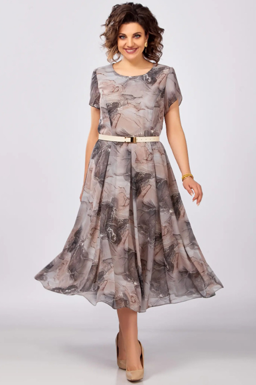 Plus Size Vacation Green Abstract Print Belt Midi Dress 2024 - Flycurvy 