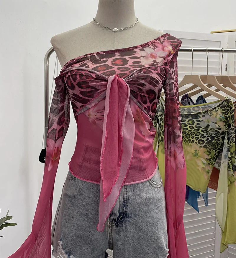 Uveng Hottie Sexy Leopard Print Mesh Fake Two Strap Long-Sleeved Top Short Slanted Shoulder T-Shirt 8008