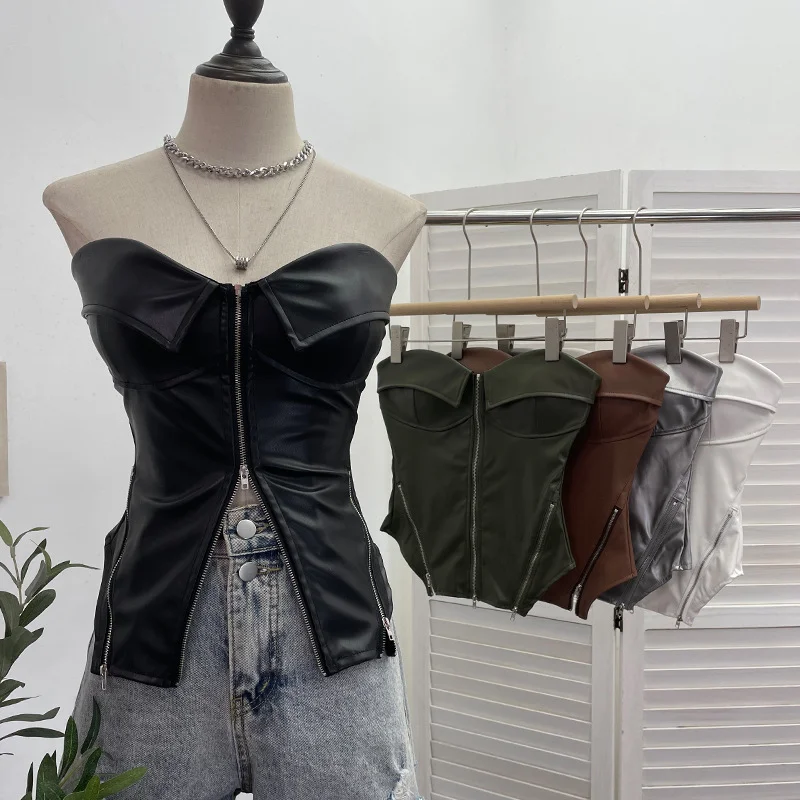 Uveng Real Shooting Hottie Retro Tender With Chest Pad Wrapped Bra Zipper Design Smear Bra Vest Short Sleeveless Top 8968