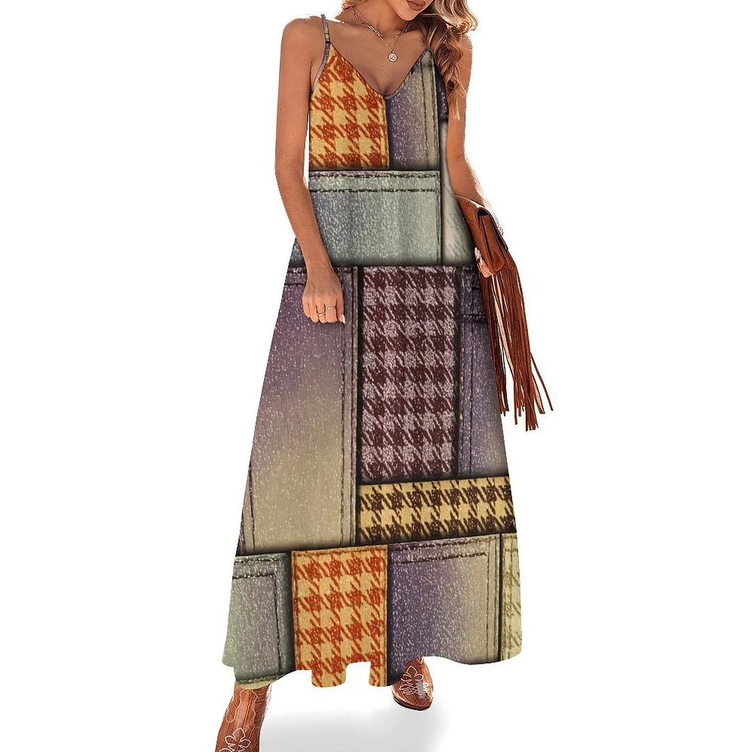 Style & Comfort for Mature Women Plus Size Printed Sling Casual Women Maxi Dress in Pattern Patchwork, Yellow, Plaid