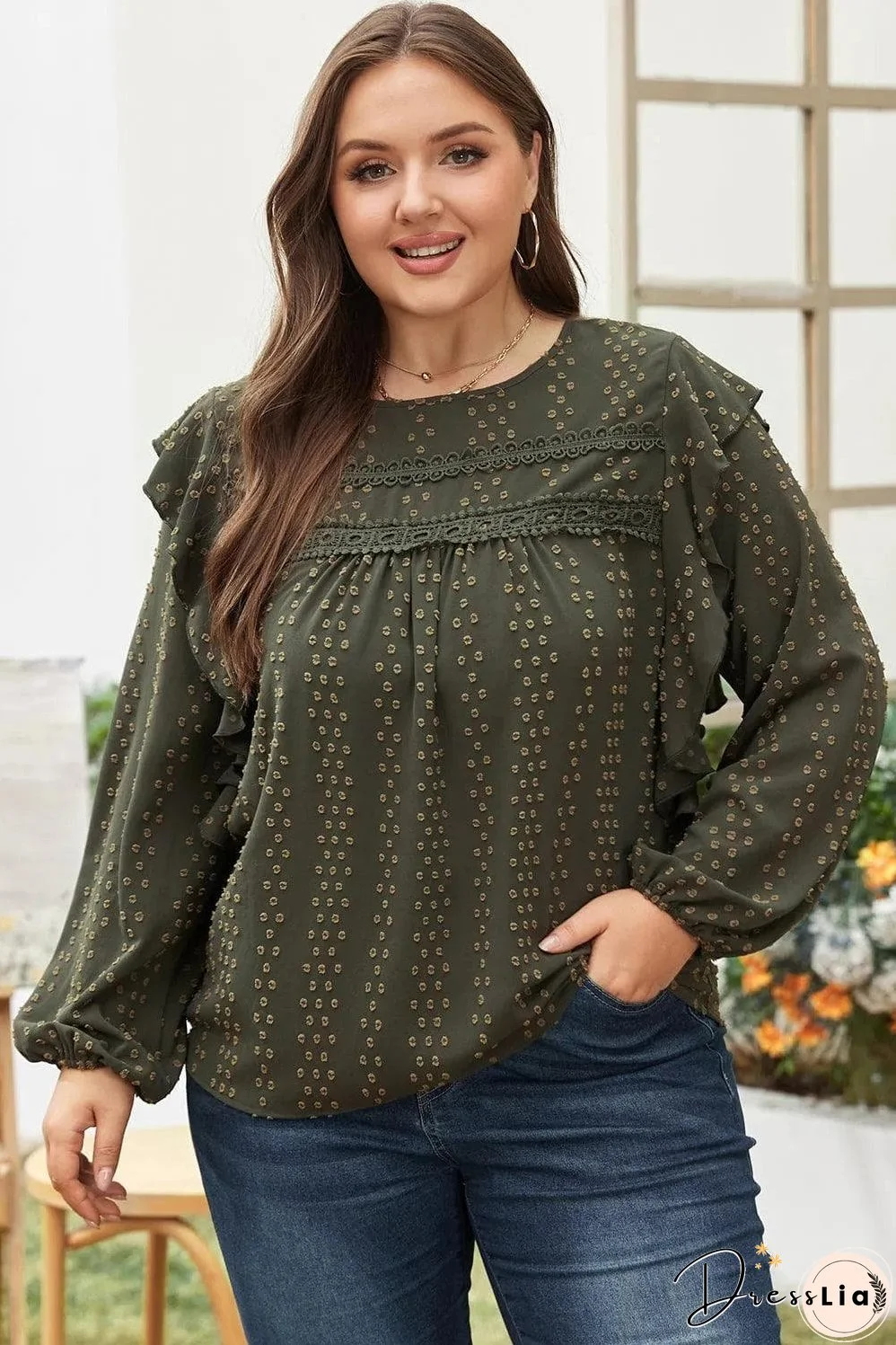 Mist Green Plus Lace Swiss Dot Ruffle Long Sleeve Top