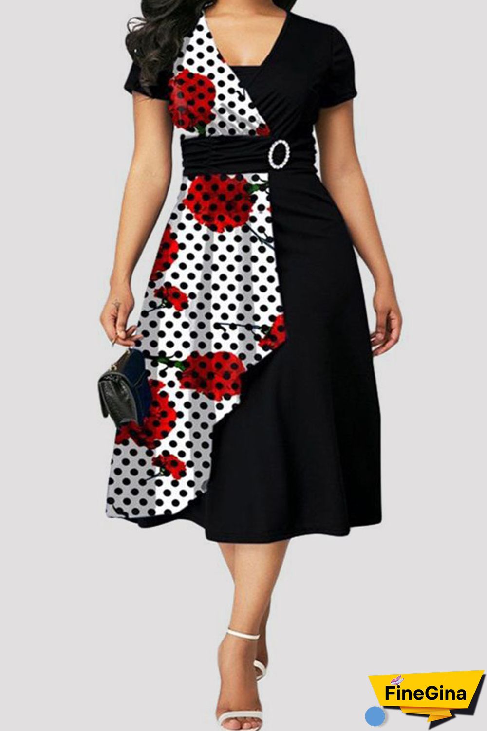 Black White Casual College Print Patchwork V Neck A Line Dresses