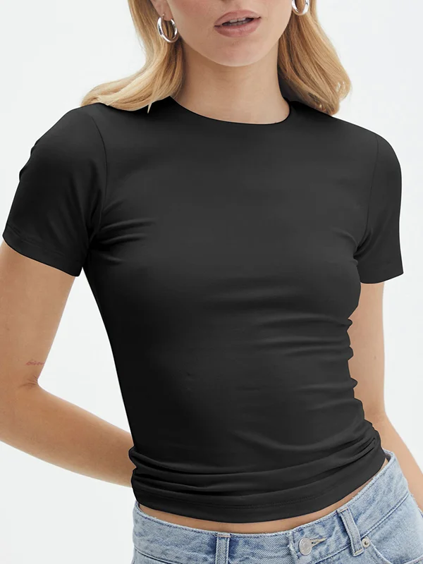 Split-Joint Solid Color Skinny Short Sleeves Round-Neck T-Shirts Tops