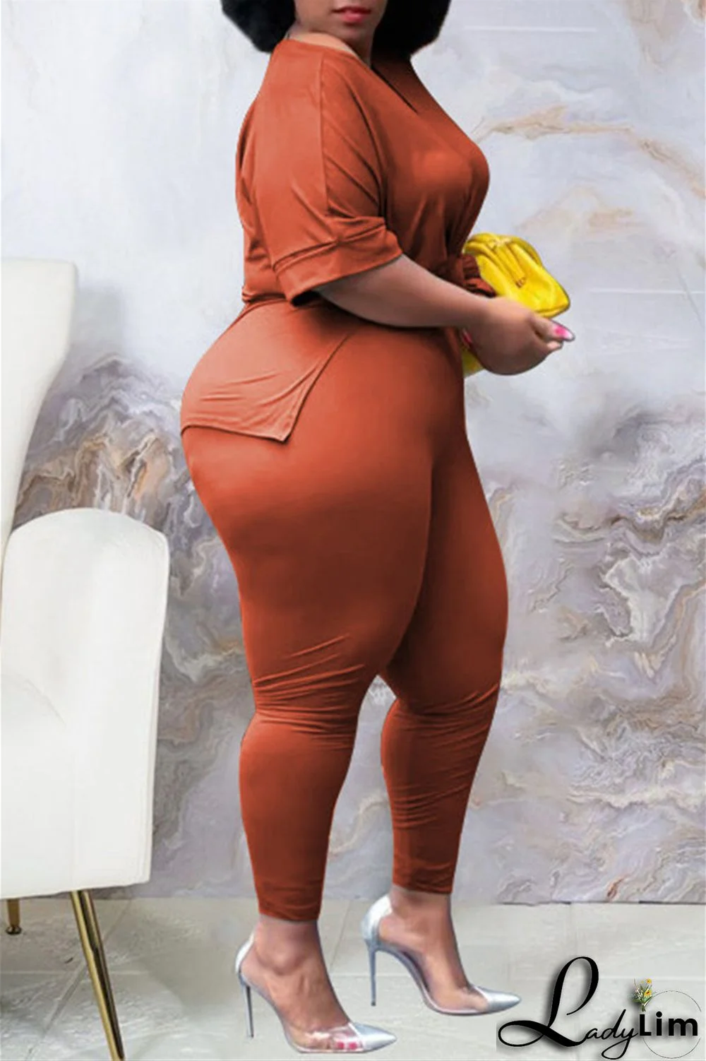 Tibetan Blue Fashion Casual Solid Slit V Neck Plus Size Two Pieces