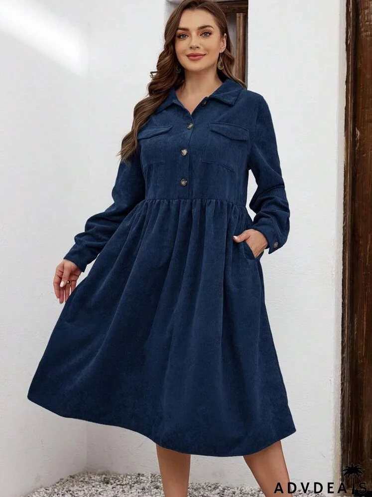 Plus Flap Pocket Corduroy Shirt Dress