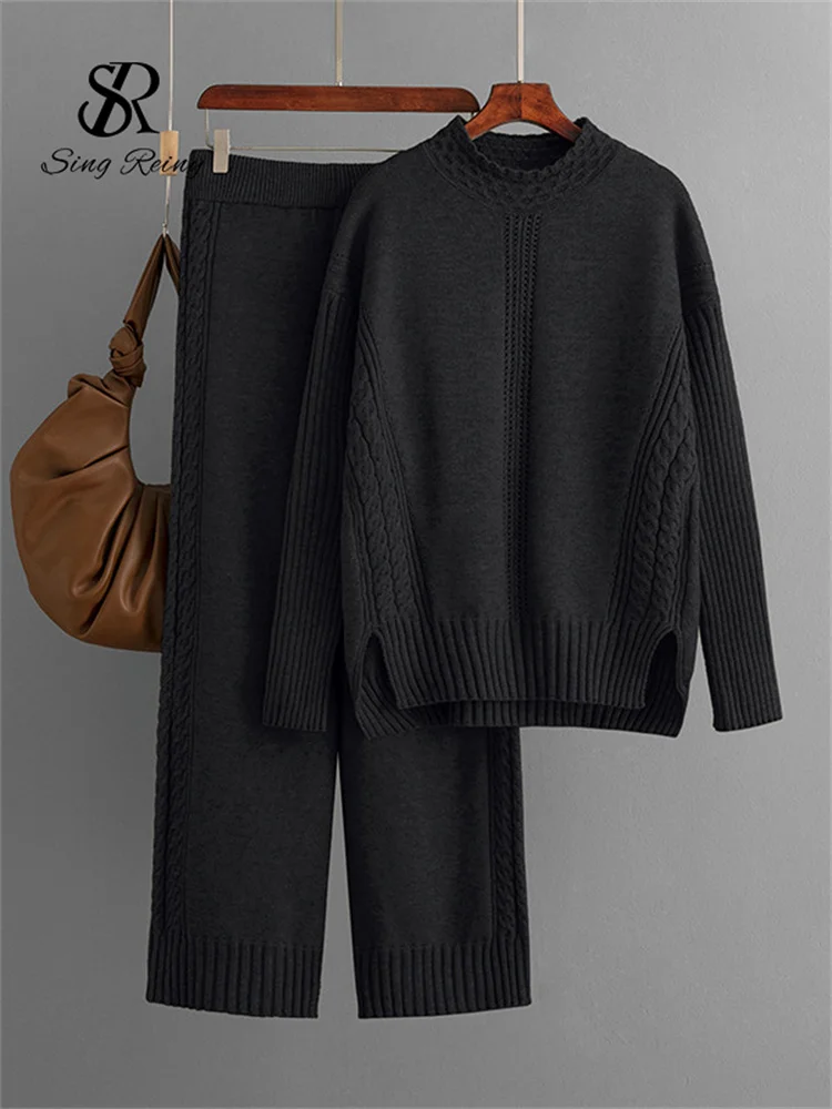 Huibahe 2024 Home Wear Knitted Suits Ladies Turtleneck Loose Long Pullovers+Elastic Knit Pants Casual Sweater Two Pieces Sets