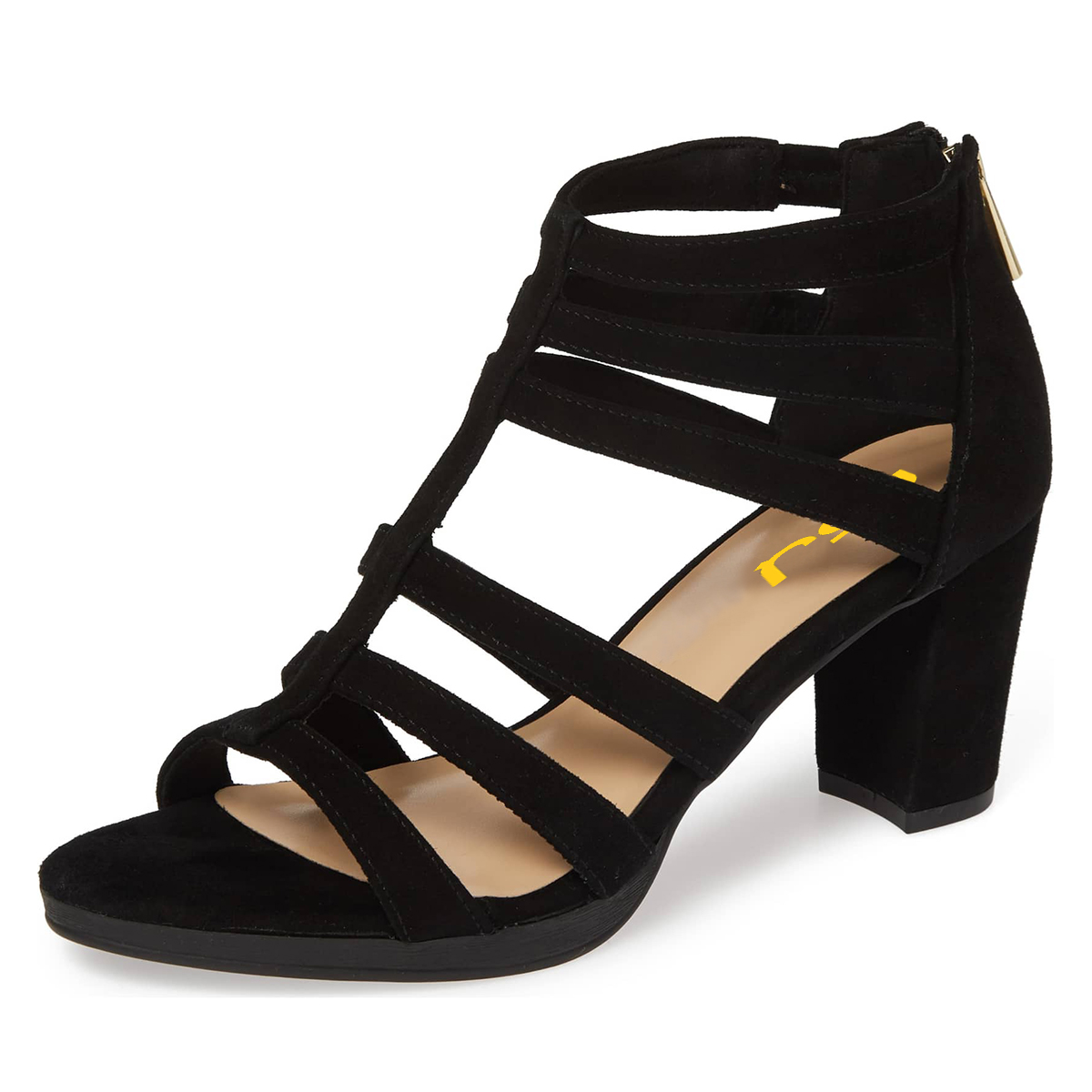 Black Chunky Heel Cut Out T-Strap Women Sandals with Back Zipper Nicepairs