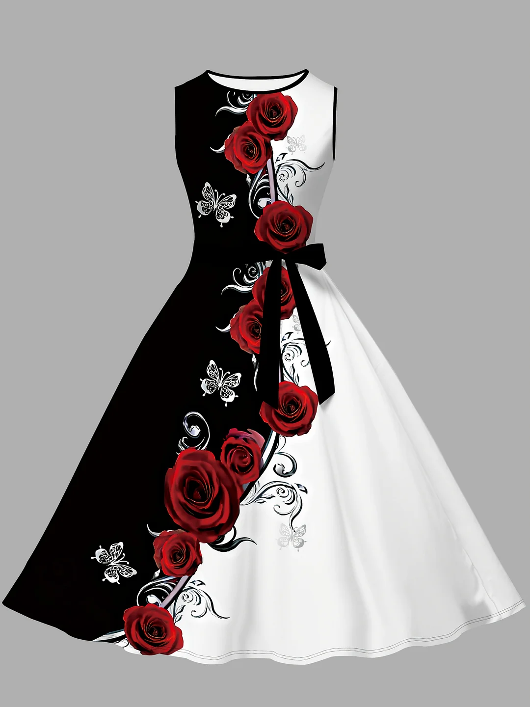 Women's Elegant Floral Print Bodycon Dress - Black & White With Red Roses, Short Sleeve Round Neck Summer Machine Washable, Cute Bodycon Dress, Stylish Outfit, Decorative Detailing | IFYHOME