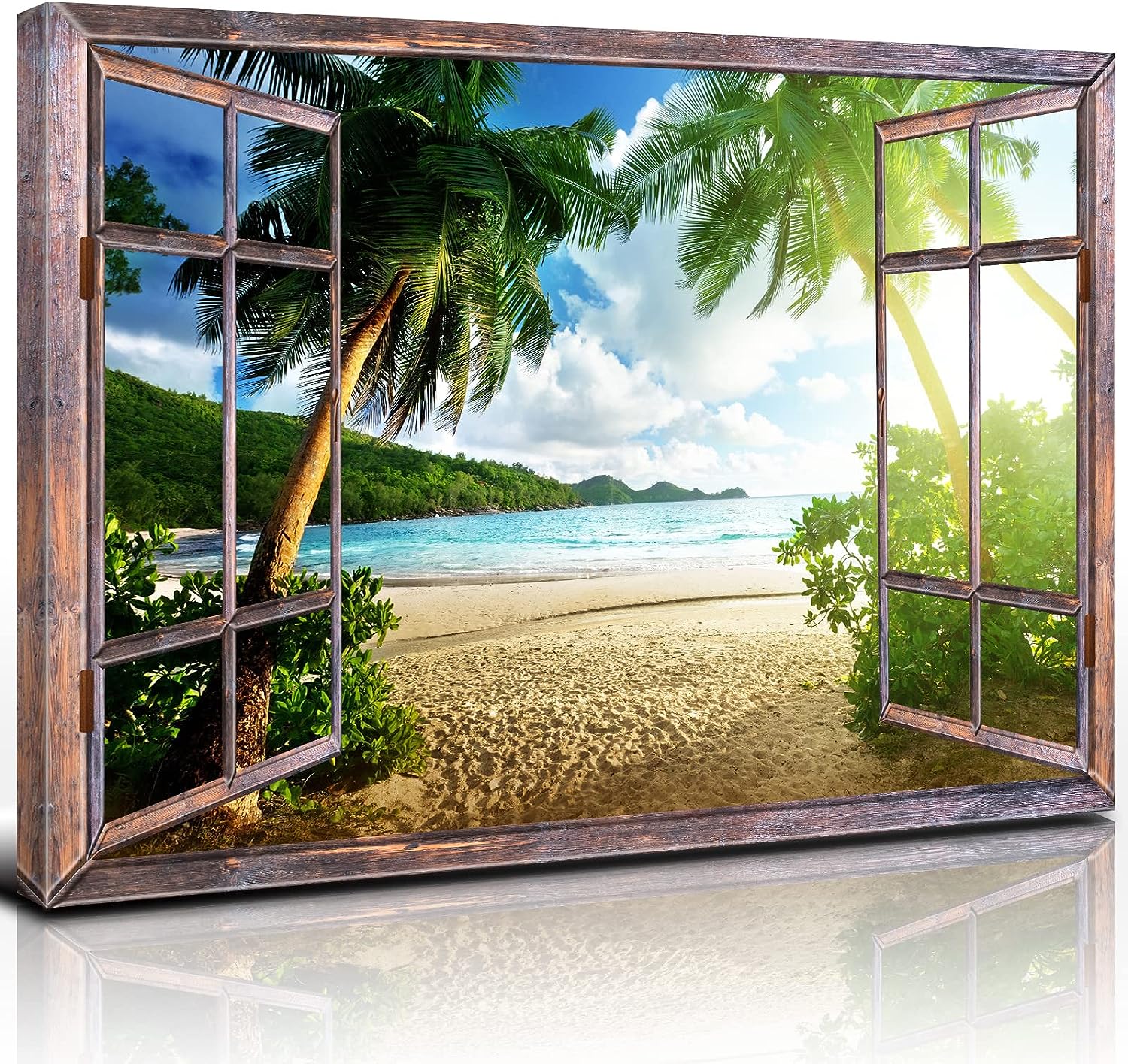 Window Beach Picture Wall Art Palm Tree Wall Decor Tropical Coastal Landscape Canvas Art Painting for Living Room Office Nature Ocean Poster Relaxing Seascape Artwork Framed Home Decoration 24x36 24x36&#034;x1pcs