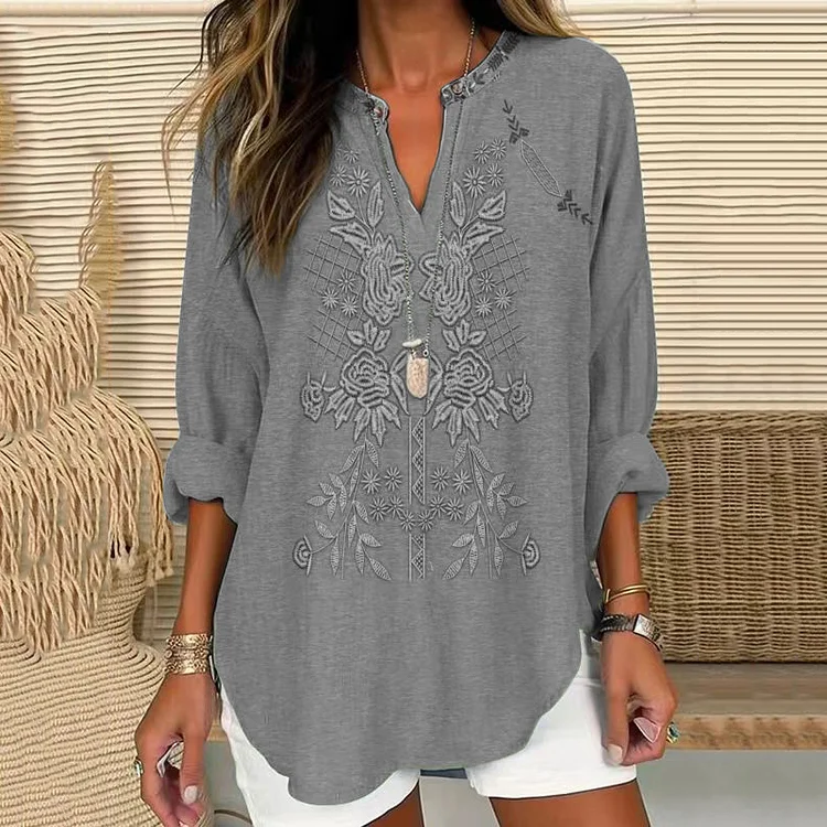 Simpfit Vintage Bluse aus Leinenmischung mit V-Ausschnitt und BlumenDrucken