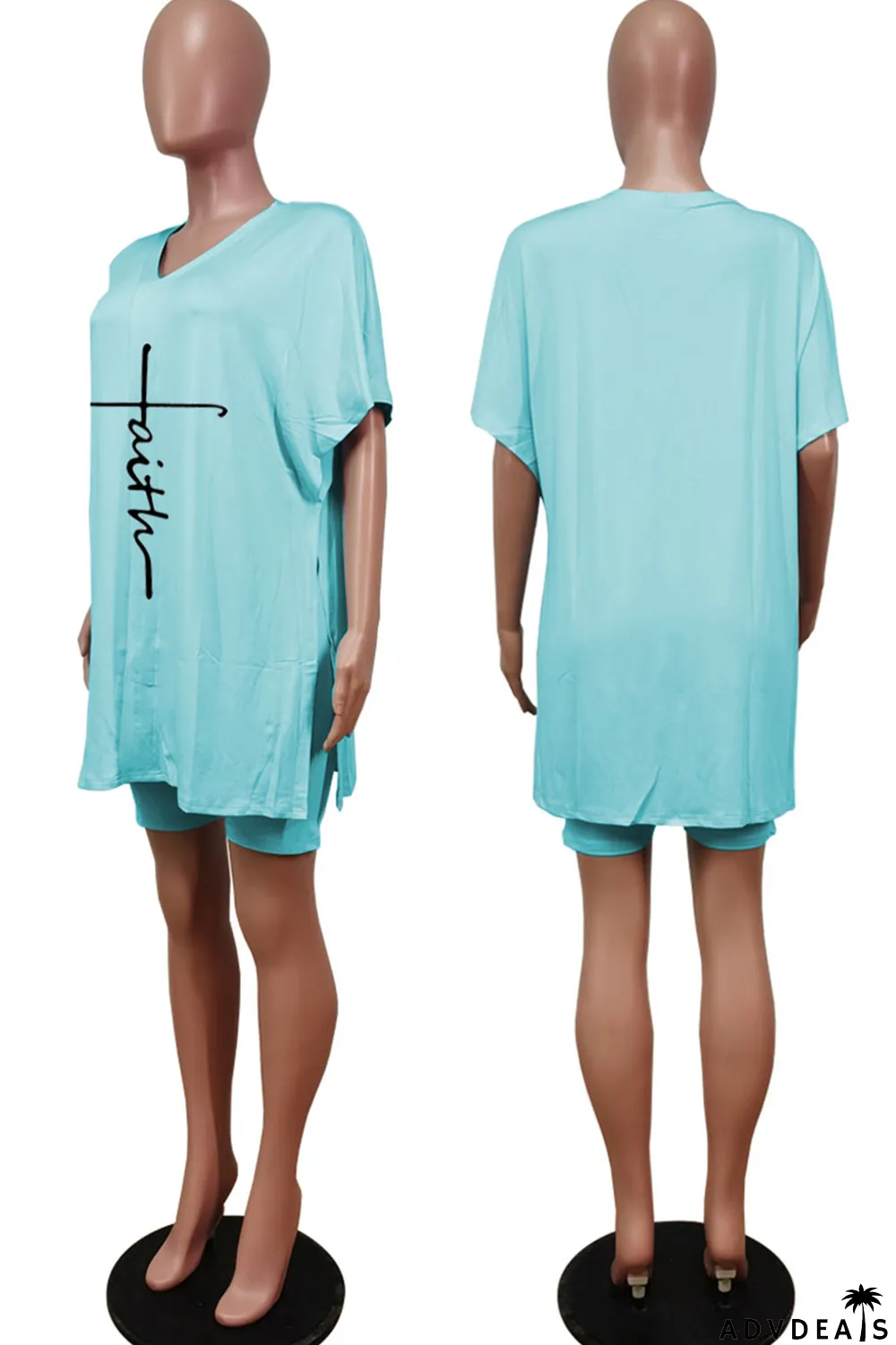 Tangerine Red Casual Print Split Joint V Neck Short Sleeve Two Pieces