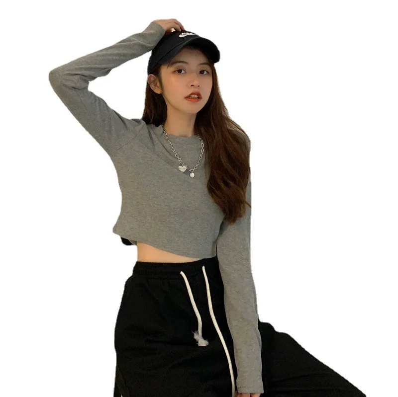 Brownm Brownm Long Sleeve White Bottom Shirt Korean Version Short Crop T-Shirt Female 2023 Autumn Decoration Body Show Thin Jacket Tide