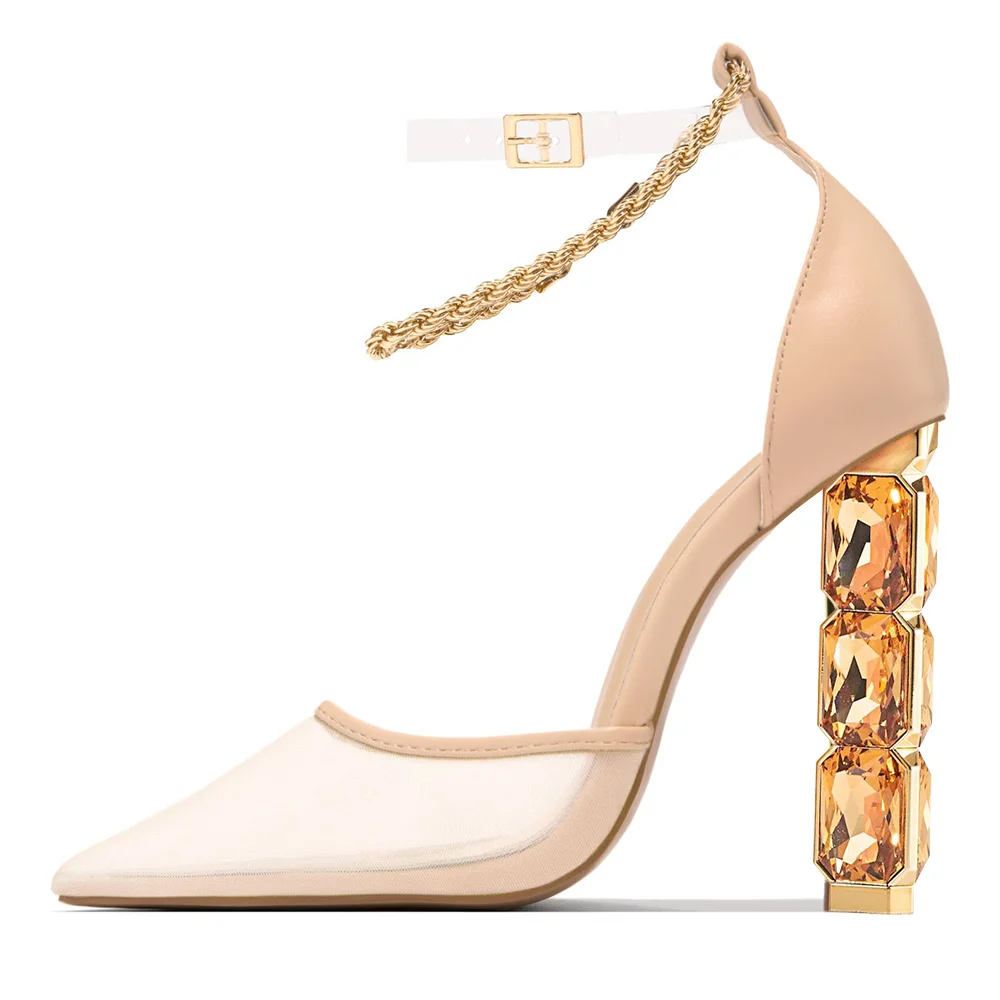 Clear & Nude Lace Pointed Toe 4'' Decorative Heel Ankle Strap Pumps Nicepairs