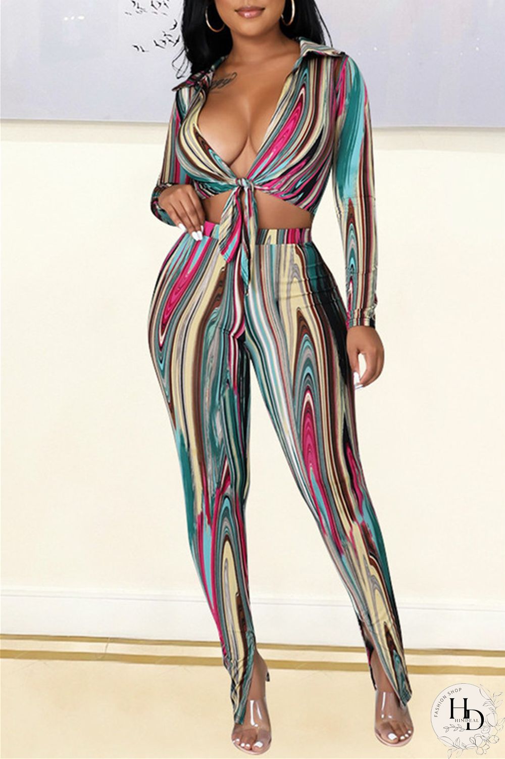 Rose Red Blue Sexy Casual Print Bandage Turndown Collar Long Sleeve Two Pieces