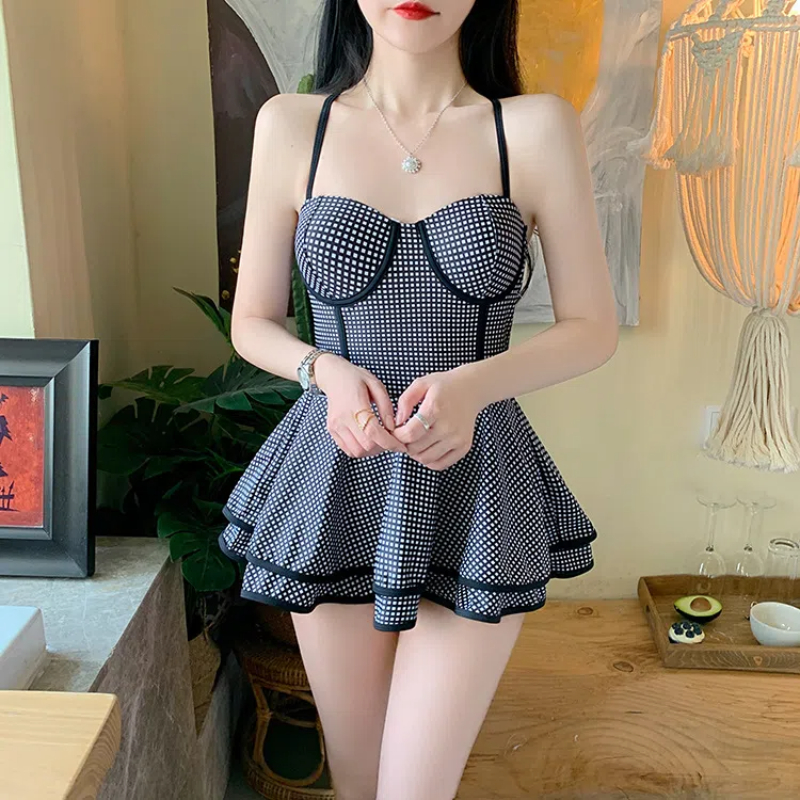 Gamezring fairy dresses aesthetic Korean Fashion Plaid Push Up Swimwear Women Sexy Swimming Skirt Dress Monokini Swimwear Ruffle One Piece Swimsuit Bathing Suit