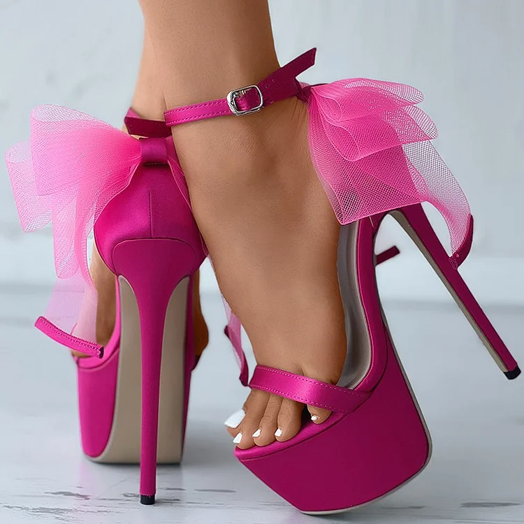 Hot Pink Satin Mesh Bow Heels Open Toe Ankle Strap Platform Sandals |FSJ Shoes