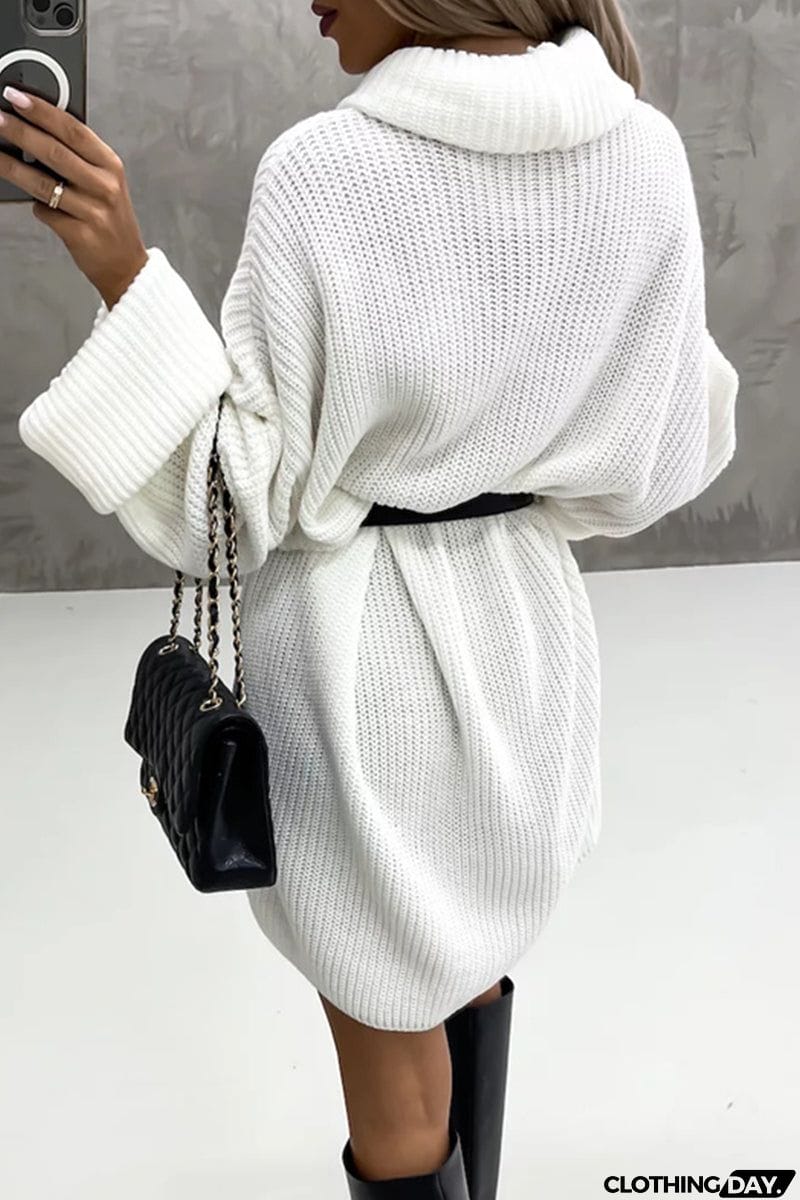 Elegant Solid Patchwork Turtleneck One Step Skirt Dresses