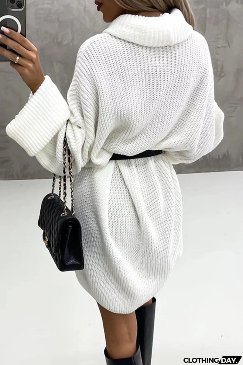 Elegant Solid Patchwork Turtleneck One Step Skirt Dresses