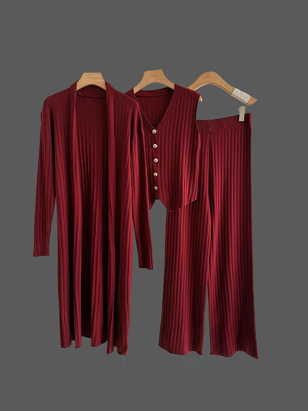 Knitting Sleeveless V-neck Vest Top +  Long Sleeves Cardigan + High Waisted Pants Three Pieces Set BURGUNDY-One_size