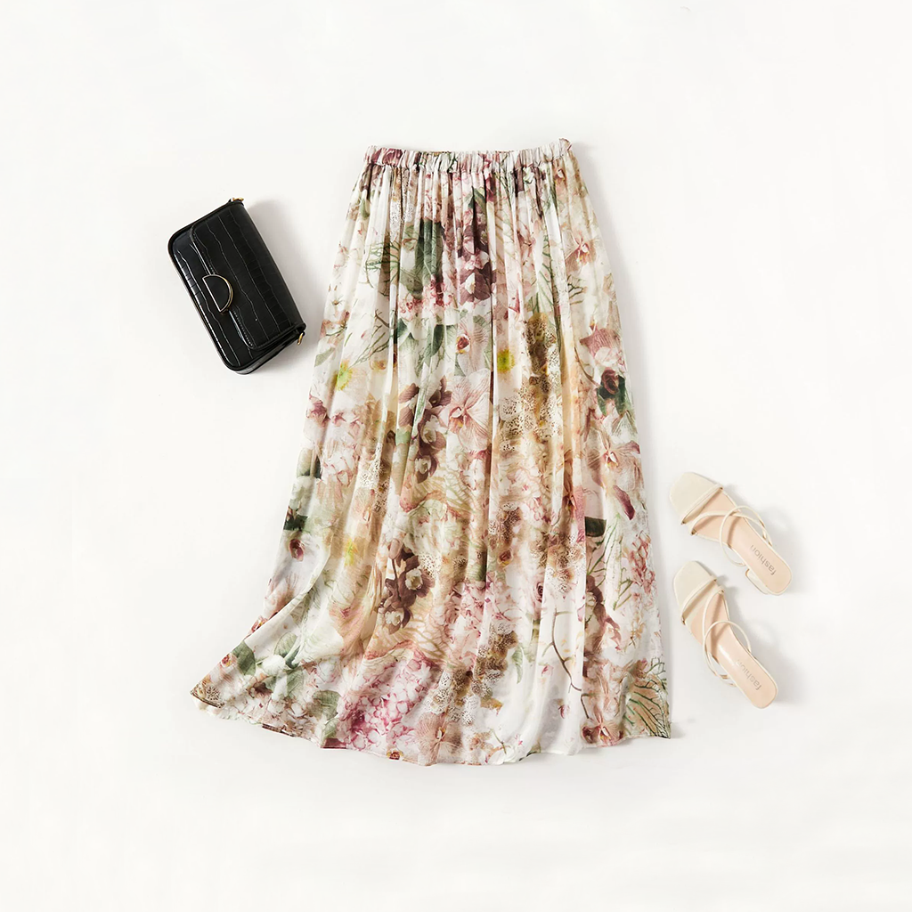 Fresh and Elegant Silk Skirt with Multicolored Floral Prints for Holiday REAL SILK LIFE