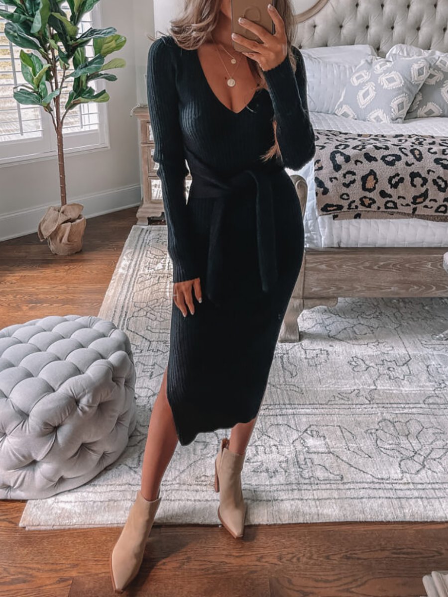  thdmladies Casual Solid Color V-neck Dress thedmladies