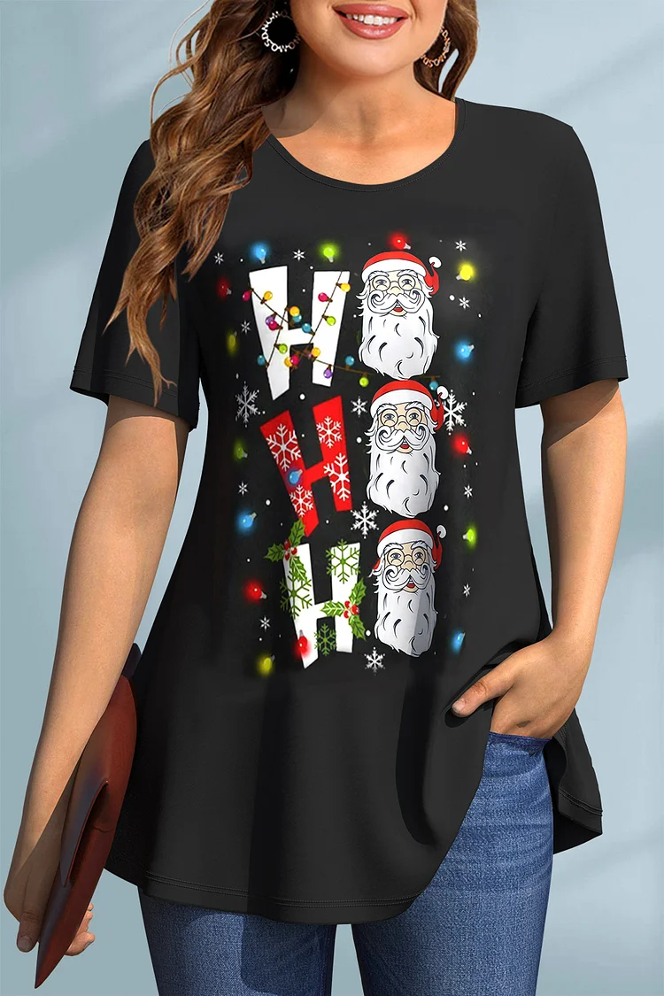 Flycurvy Plus Size Christmas Black Santa Claus Print Short Sleeve T-Shirt  Flycurvy [product_label]
