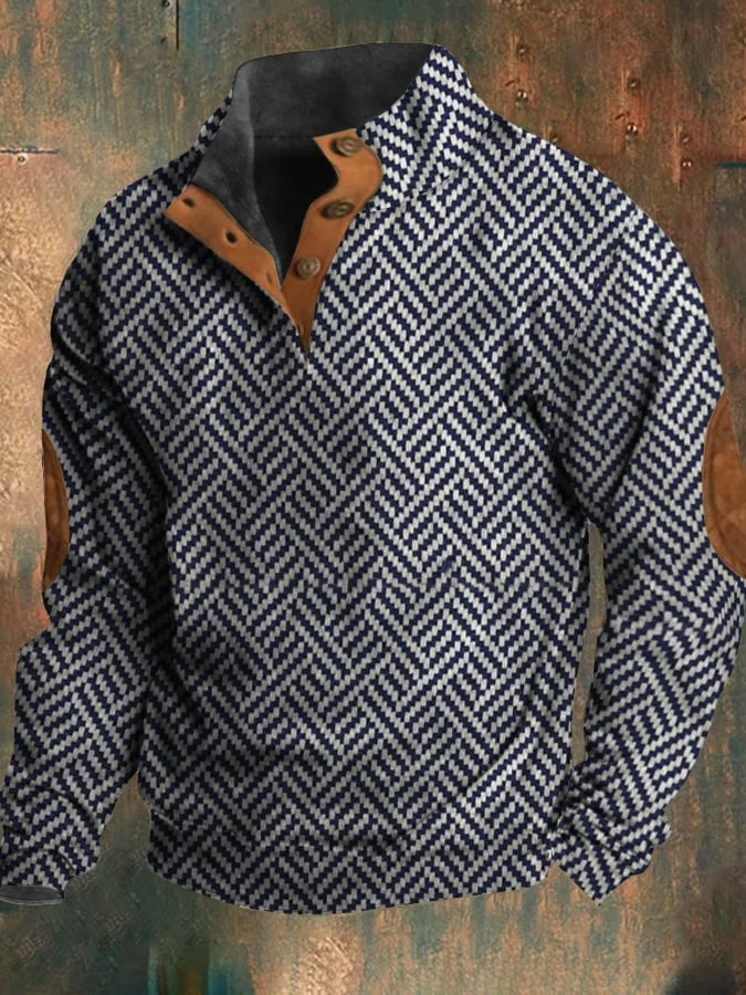 Men's Western Retro Print Element Design Stand Collar Button Sweatshirt