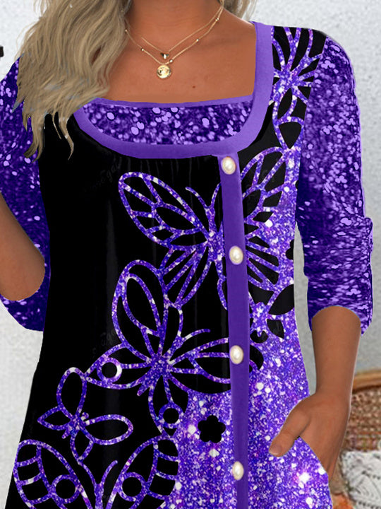 Women's Long Sleeve Scoop Neck Graphic Sequins Top