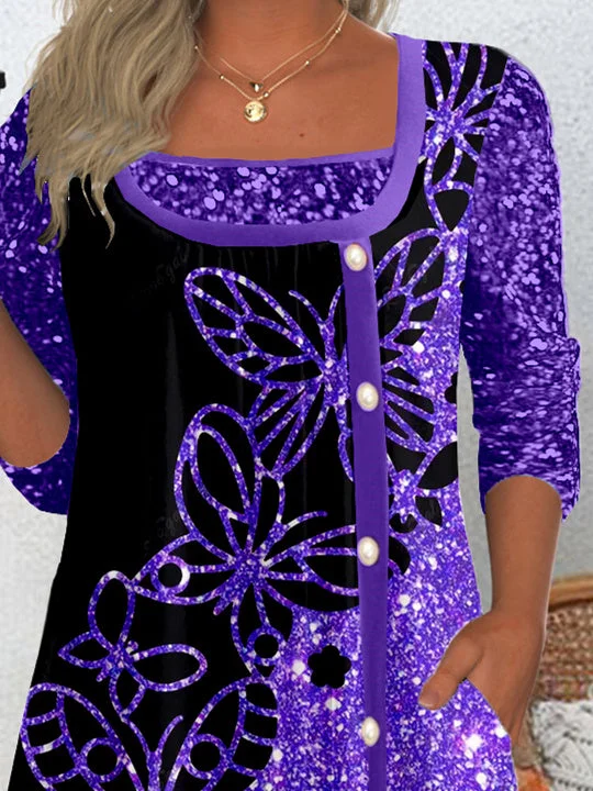 Women's Long Sleeve Scoop Neck Graphic Sequins Top