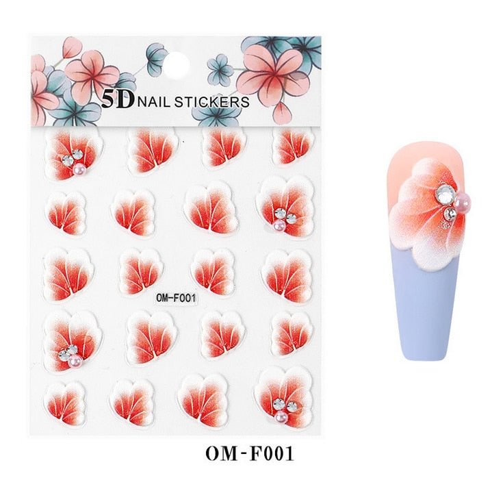 Nail Stickers Embossed 5D Flowers With Pearls Rhinestones Back Glue Nail Decals Decoration Tips For Beauty Salons
