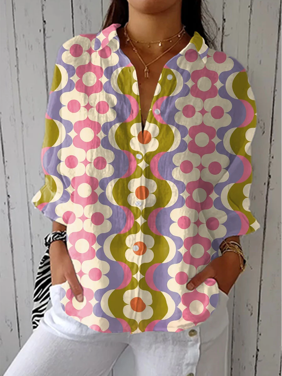 Women's  Vintage Abstract Geometric Art Print Casual Linen V-neck Shirt