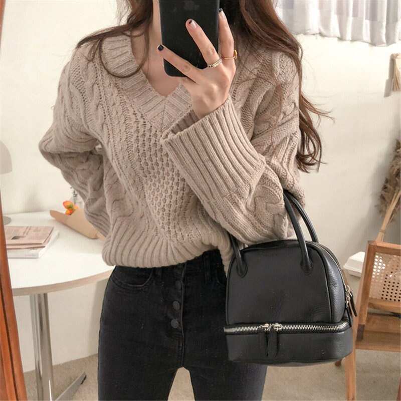 Knitted Warm Pullovers Chic Soft V-Neck Loose Sweaters