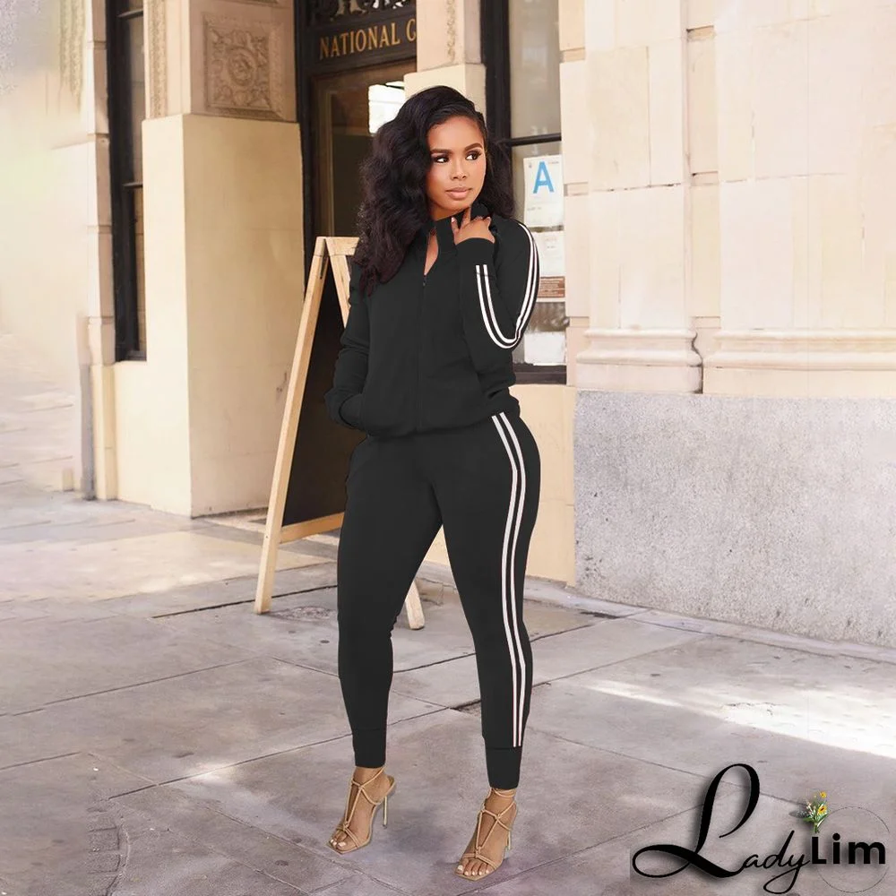 Plus Size Women Zip Long Sleeve Top and Pant Two Piece