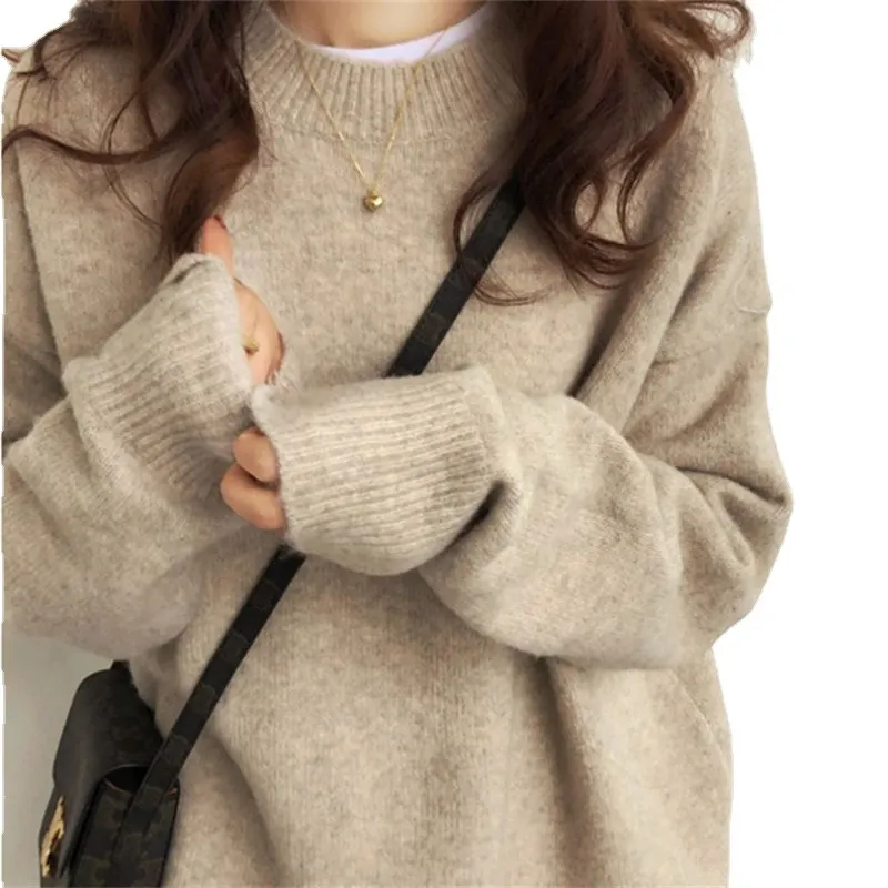 Churchf Churchf Women's Autumn Winter New Style With Lazy Wind Pure Color Sweater Loose Round Collar Thick Mixed Color Top Female