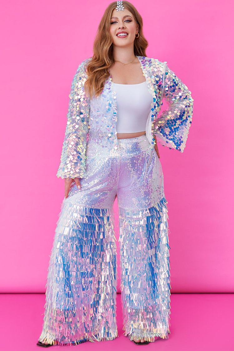 Xpluswear Design Plus Size Silver Party High Waist Wide Leg Sequin Pants [Pre-Order]