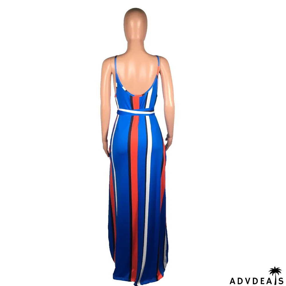 Striped Print Spaghetti Strap Loose Maxi Dresses