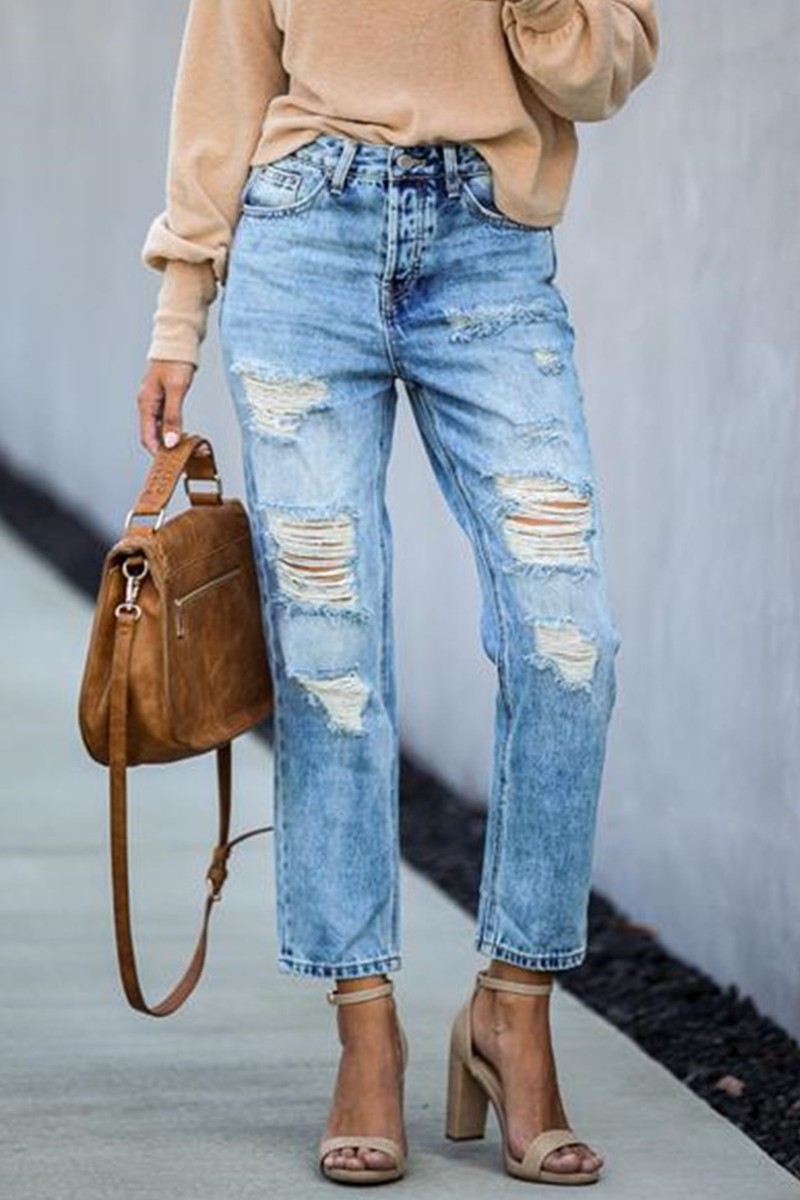 Casual Street Solid Tassel Ripped Straight Bottoms