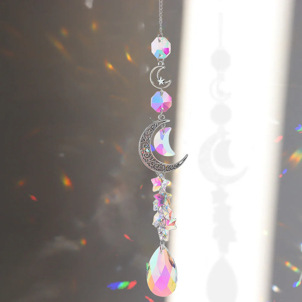 Crystal Diamond Wind Chimes Metal Hexagon Star Moon Hanging Ornaments Decor