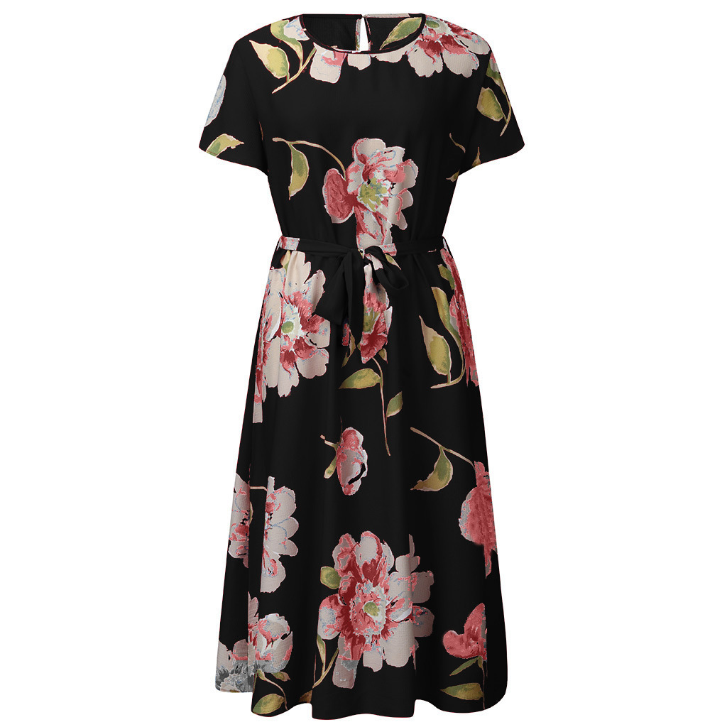  thdmladies Plus Size Round Neck Short Sleeve Printed Waist Dress thedmladies