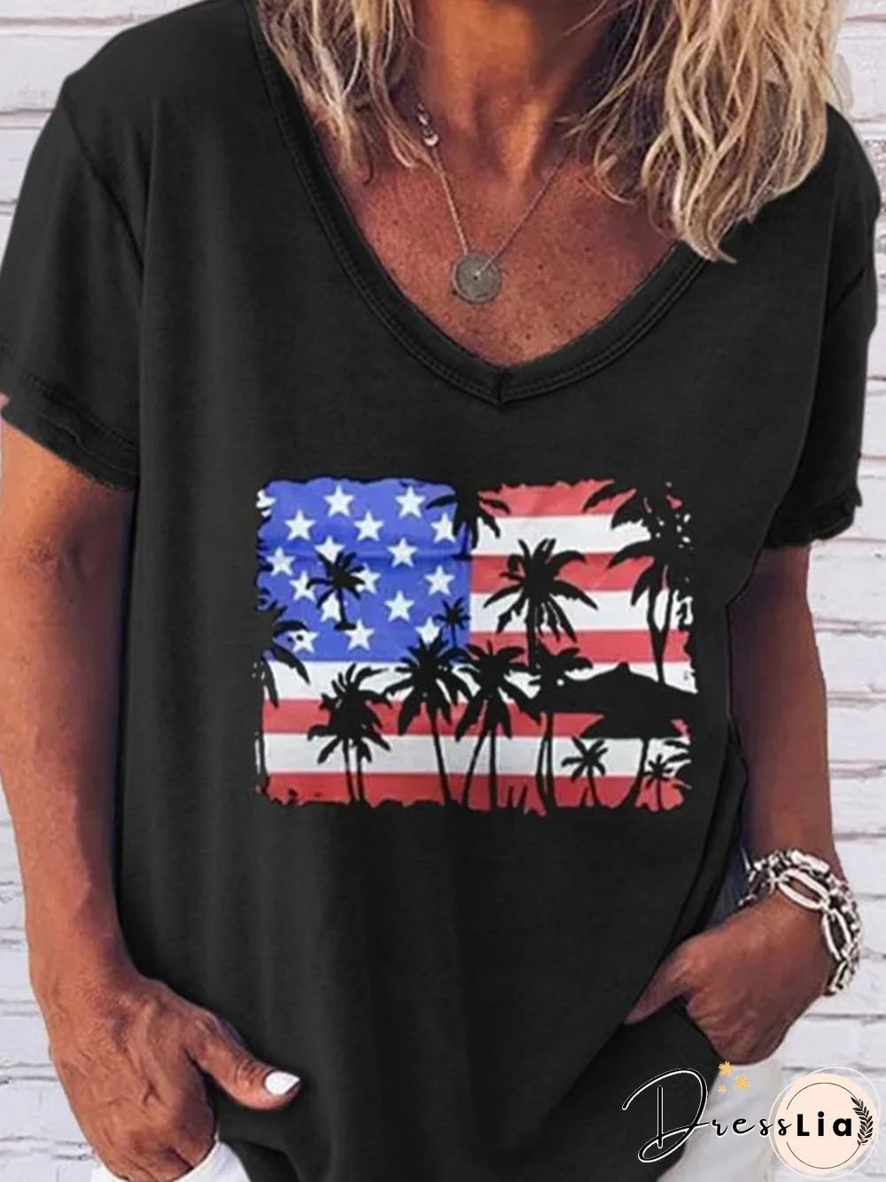 Flag Palm And Butterfly Print V-Neck Loose T-Shirt