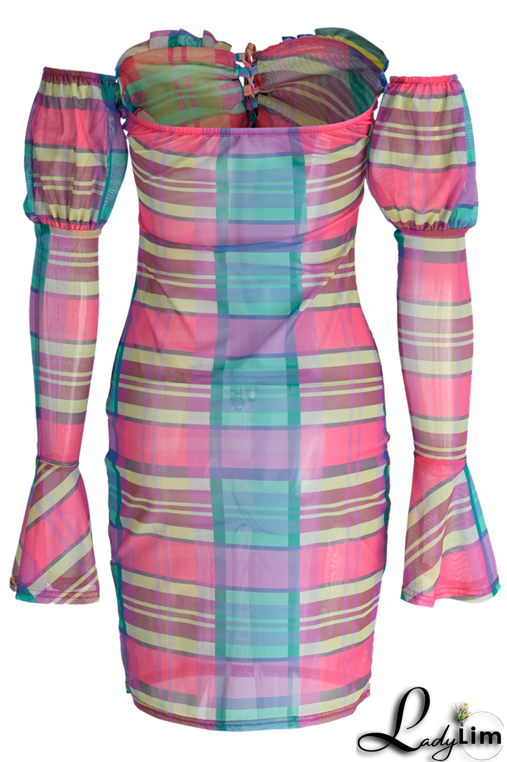 Blue Sexy Plaid Split Joint Off the Shoulder Pencil Skirt Dresses