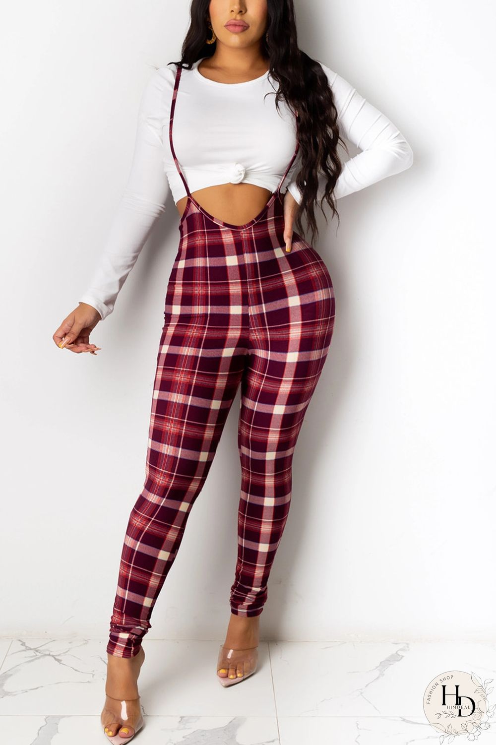 Red Fashion Casual Plaid Print Pants High Waist Bib Trousers