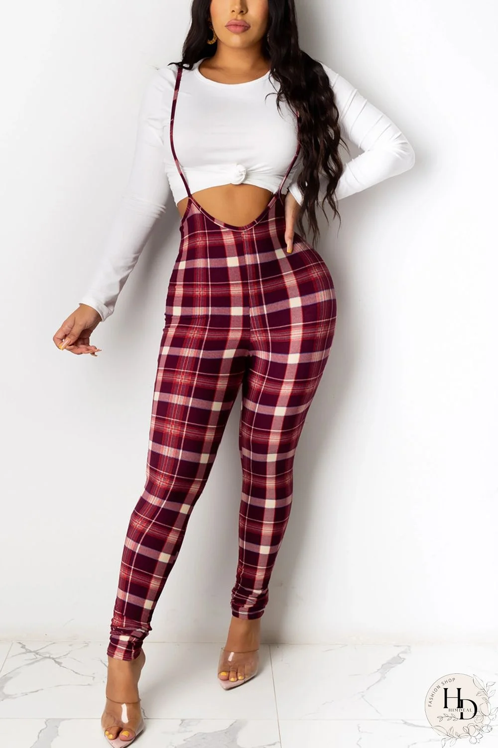 Red Fashion Casual Plaid Print Pants High Waist Bib Trousers