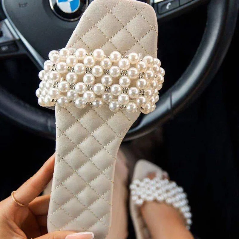 Summer Women Flip Flops Flat Pearly Sandals Slippers Soft Sole Shoes Woman Open Toes Slides Ladies Beaded Leisure Slippers Shoes