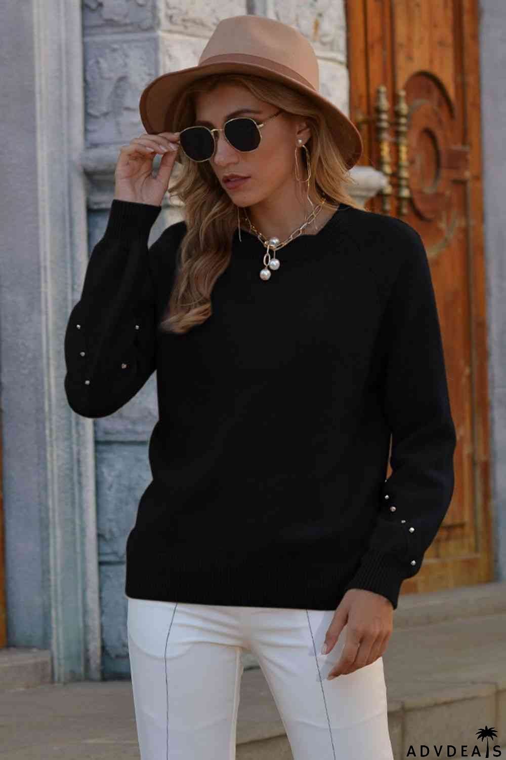 Stud Trim Round Neck Sweater