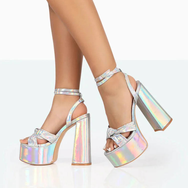 Holographic Knotted Ankle Strap Platform Sandals with Chunky Heels |FSJ Shoes