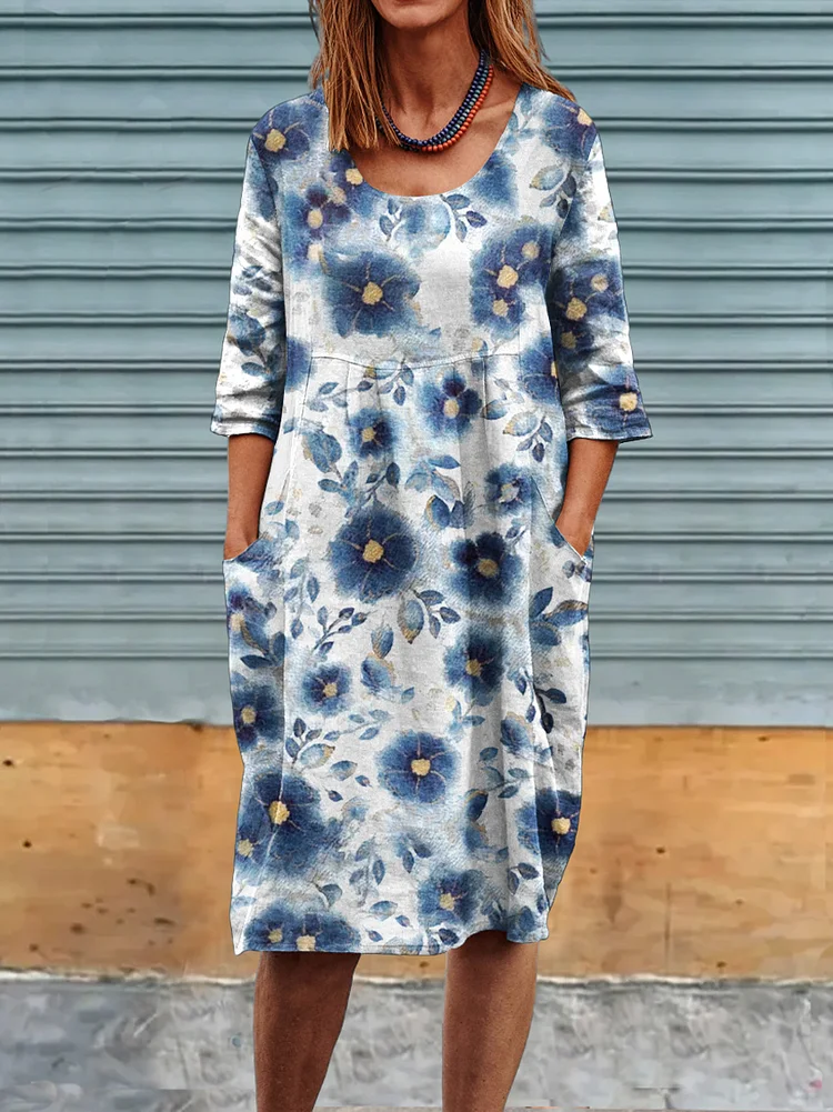 Women's Floral Art Print  Linen Pocket Tunic Casual  Dress socialshop