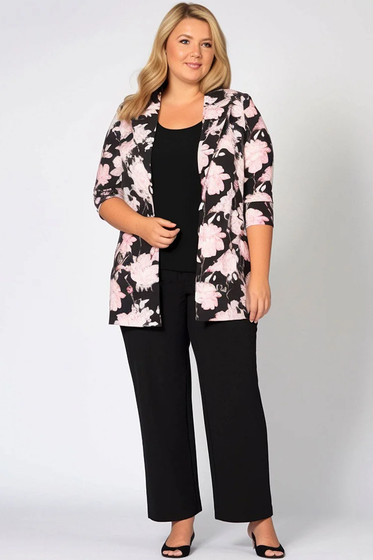 Flycurvy Plus Size Mother Of The Bride Floral Print Turndown Collar Three Piece Pant Suit With Jacket  Flycurvy [product_label]