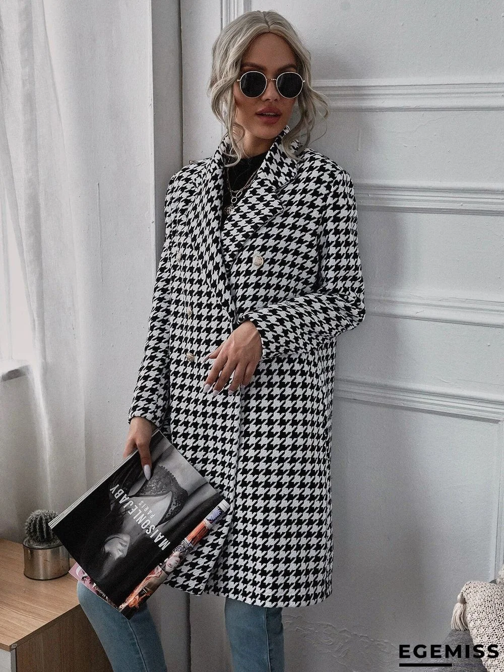 Fashion Houndstooth Long Woolen Coat Woman | EGEMISS